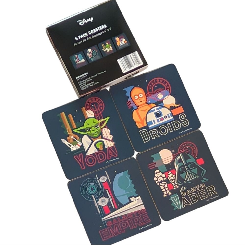 Star Wars Disney coaster 4 pack opened Yoda Droids Darth Vader Galactic empire